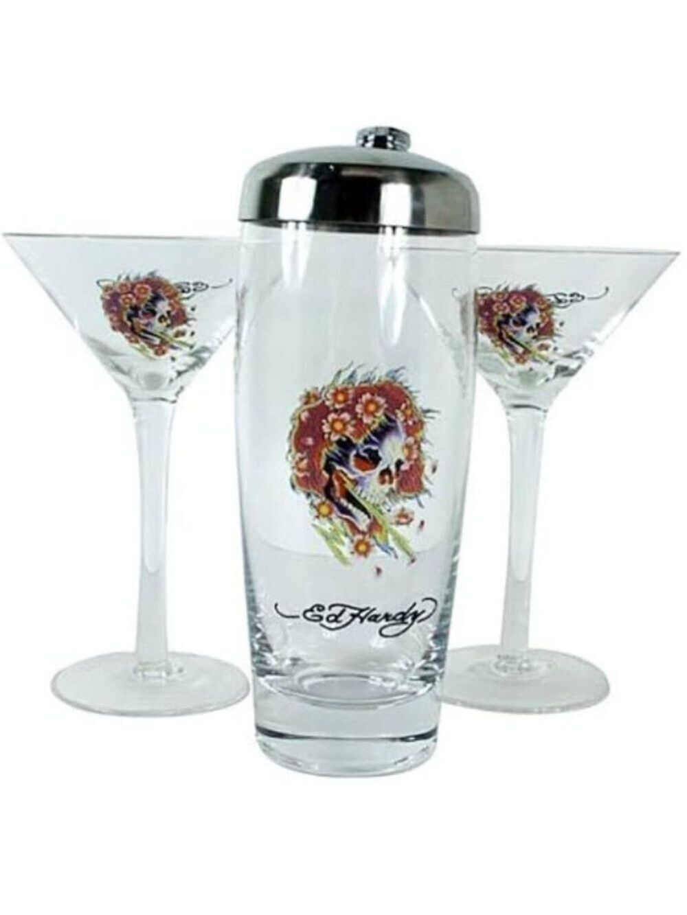 Ed Hardy Martini Shaker Set - Includes Glass Shaker And Two Martini Glasses New
